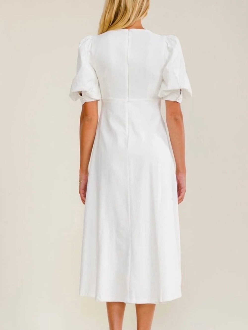 IVORY HIGH LOW PUFF SLEEVE LINEN MIDI DRESS - NWOT - Picture 5 of 15